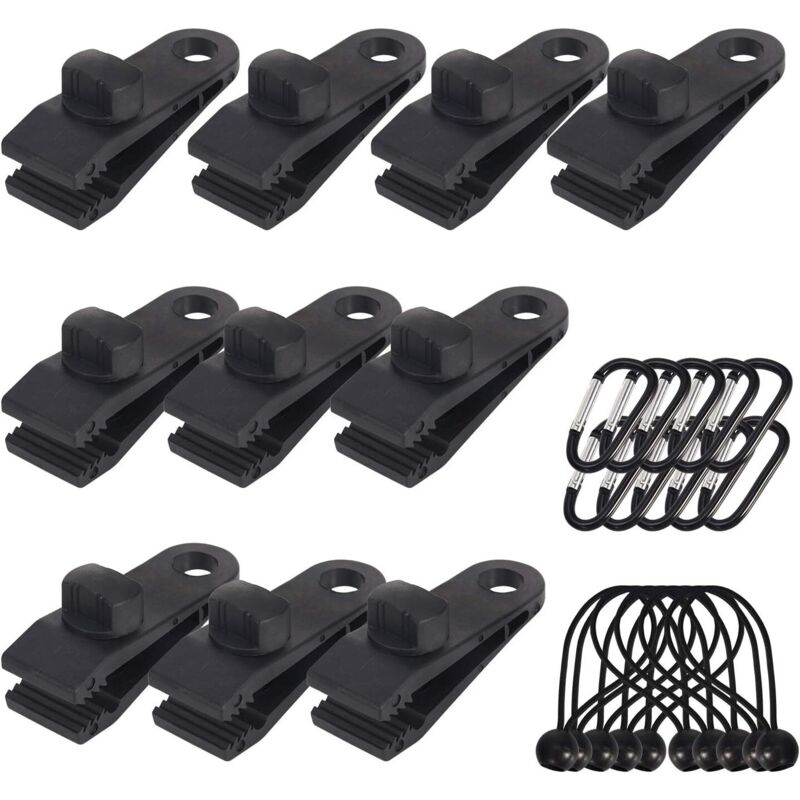 SHINING HOUSE 10er-Pack Planenklammern, Planenhalter für den Außenbereich mit Leinenband und Bungee-Seil + D-förmiger Karabiner für Planen, Markisen,