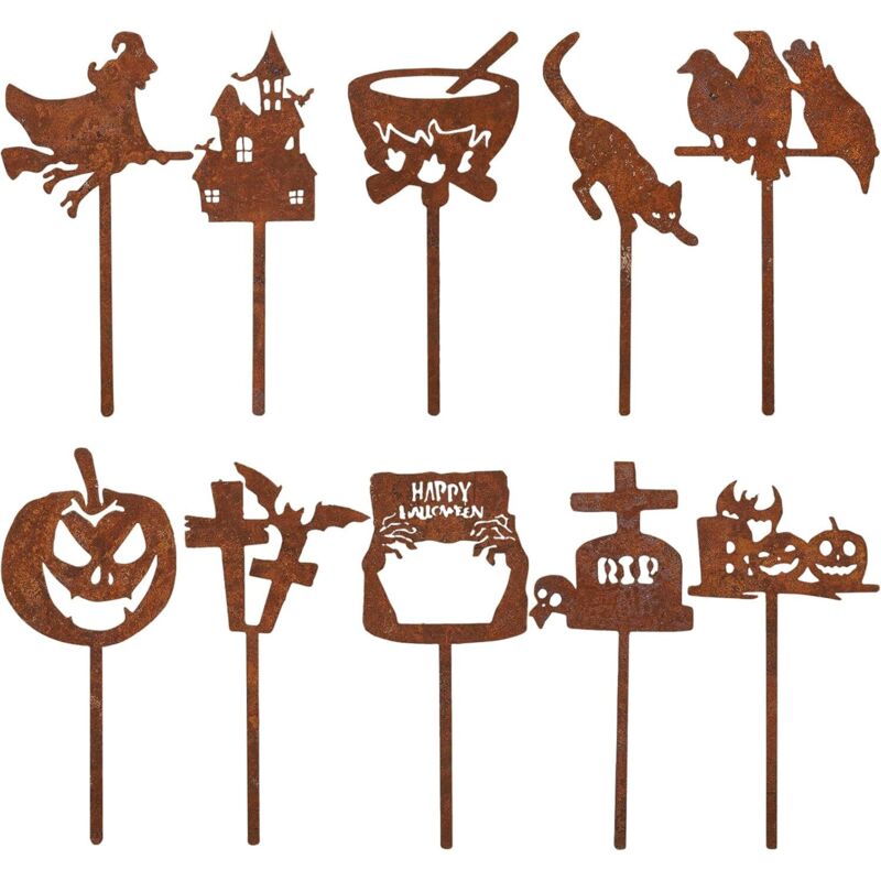 10er-Pack rostige Gartenpfähle in Rostoptik – Halloween-Metall-Gartenkunst-Dekoration mit Hexe, Kürbis, Katze, Krähe, Grabstein, Kreuz und Zombiehand