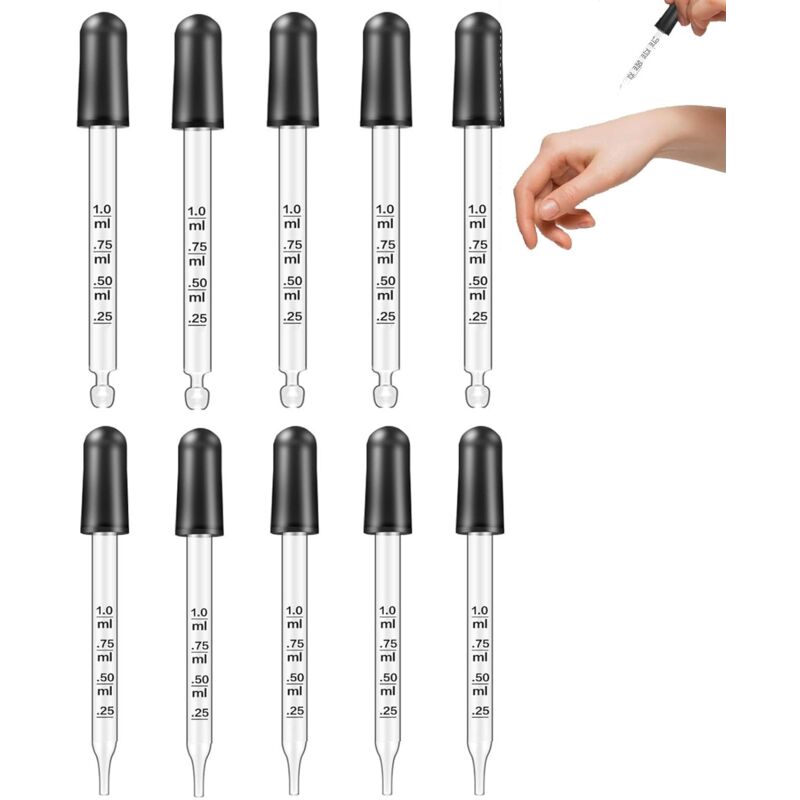 Bluedeer - 10er Set Glaspipetten 1ml mit Messskala & Gummikappe Präzise Pipette 1ml Tropfer für Ätherische Öle, Medizin & Labor Wiederverwendbare