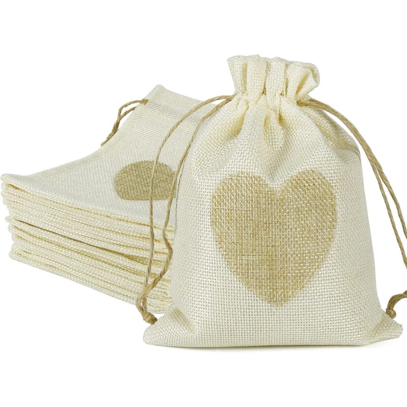 30 Stück Jutebeutel, 10 x 14 cm, Jute-Herztaschen-Set, kleine Beutel mit Kordelzug, durchgehende Geschenkboxen für Süßigkeiten und Schmuck für