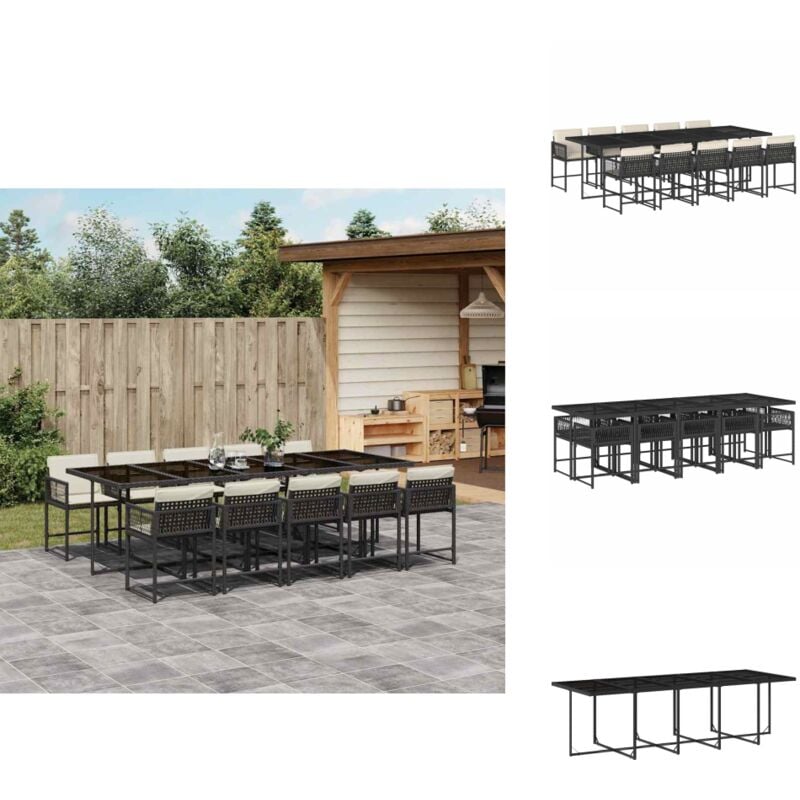 11-tlg. Garten-Essgruppe mit Kissen Schwarz Poly Rattan - Gartentisch - Esstisch - Gartenmöbel Set - Outdoor Möbel - Rattan Gartenmöbel