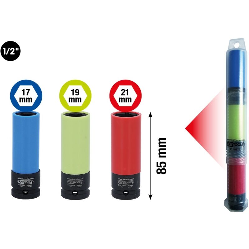 1/2' Alu-Felgen Kraft-Stecknuss-Satz robust, 3-tlg in Kunstoffrohr