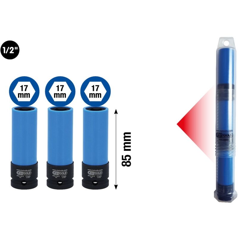 1/2' Alu-Felgen Kraft-Stecknuss,lang,17mm 3x 515.1073 in Kunststoffrohr