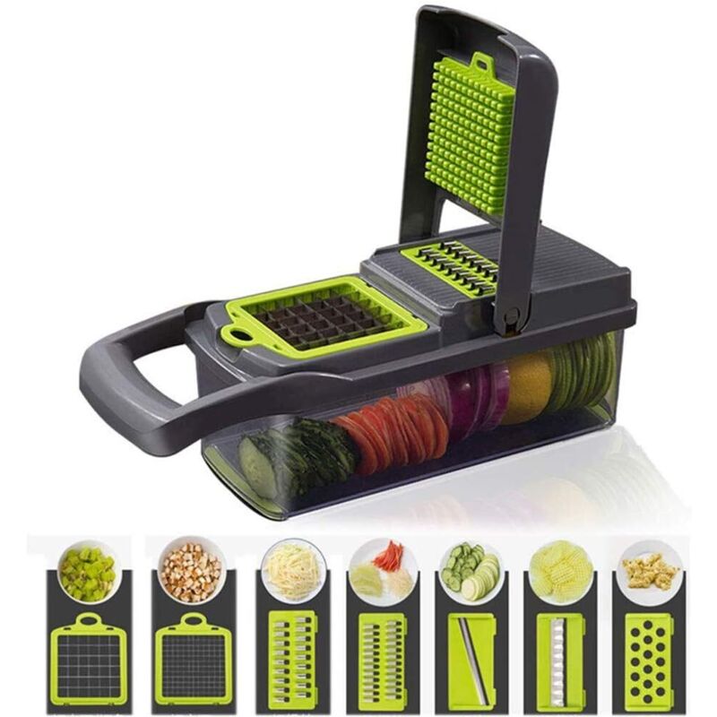 12-in-1-Mandolinenschneider für die Küche – Lebensmittelschneider aus Edelstahl mit 7 Klingen für Kartoffeln, Käse, Salat und Zoodles