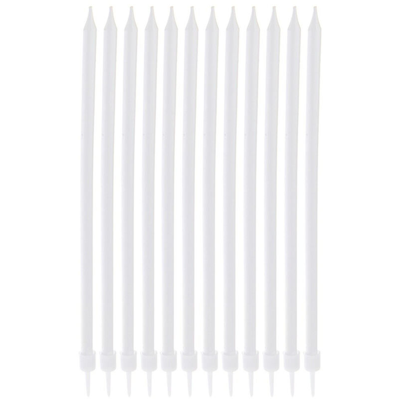12 long white cake candles with holders 145 cm
