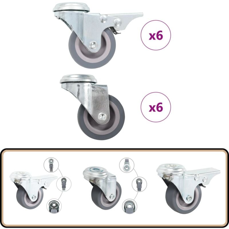 12 Stk. Lenkrollen mit Rückenloch 50 mm - Lenkrollen - Rollensatz - Transportwagen - Schubladenführung - Bürobedarf