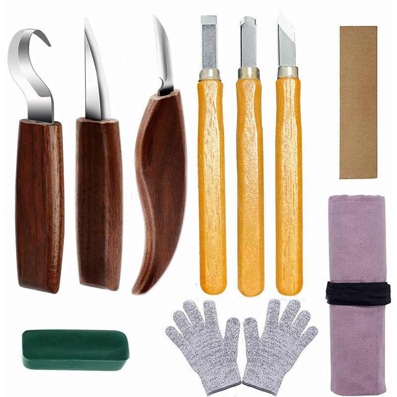 12 Stück Holzschnitzwerkzeuge mit Hakenmesser, Holzbearbeitungsmesser, Schnitzmesser, Abschrägungsmesser, Löffelmesser für Holzarbeiten, Anfänger,