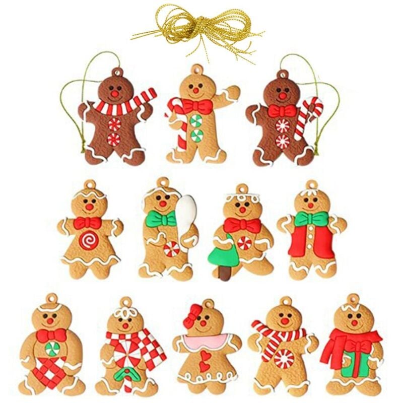 12 Stück Lebkuchenmann-Weihnachtsbaumschmuck und Dekorationen mit Seilen für Geschenke