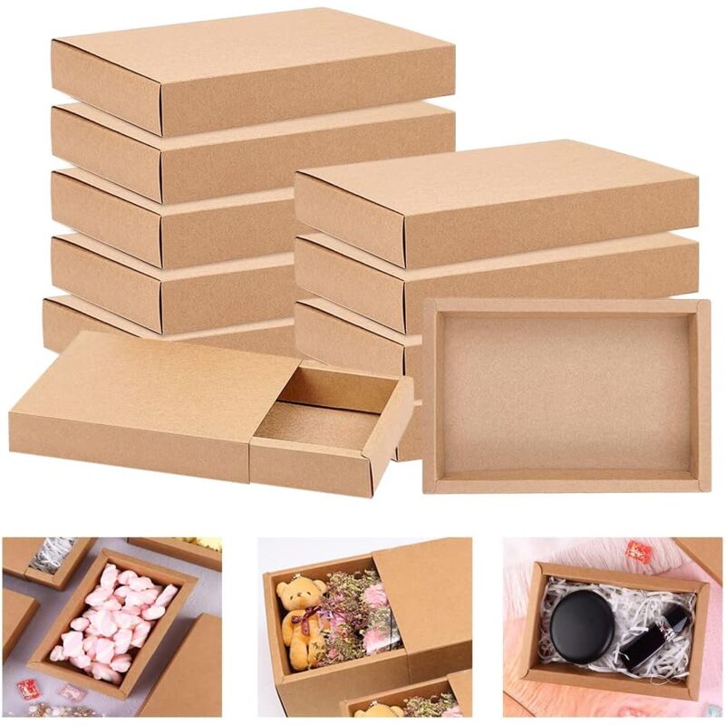 12 Stück Schubladenboxen aus Kraftpapier, 19 x 14 x 5,2 cm, Kraftbox mit Deckel, Geschenkbox aus Kraftpapier, kleine Pappschachtel für Süßigkeiten,
