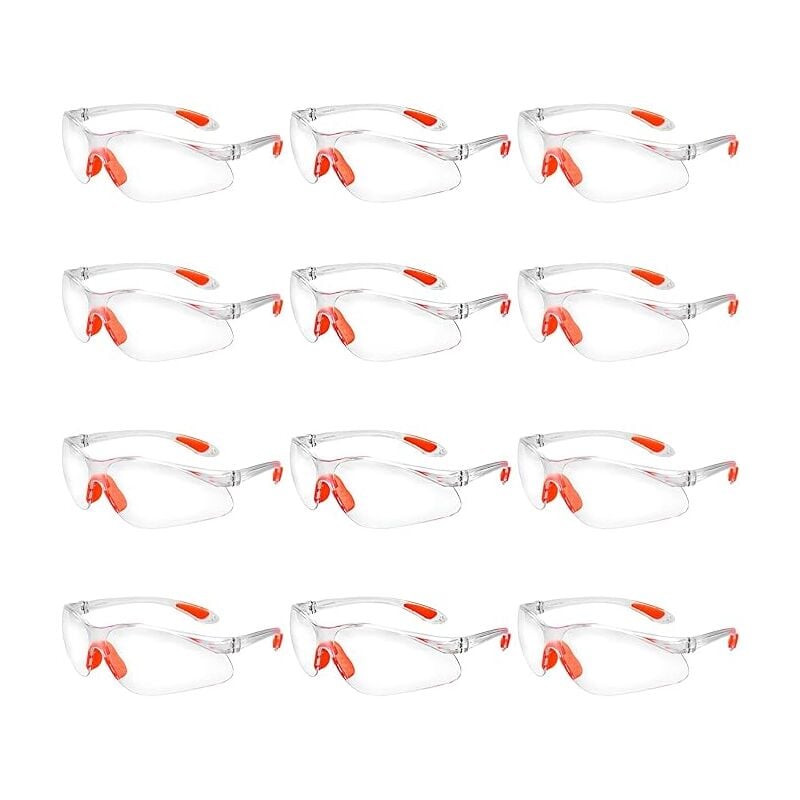 12 Stück Schutzbrillen, durchsichtige Schutzbrillen mit Kunststofflinsen-Nasensteg und Gummi-Bügelspitzen für persönliche Schutzausrüstung, PC-Brillen