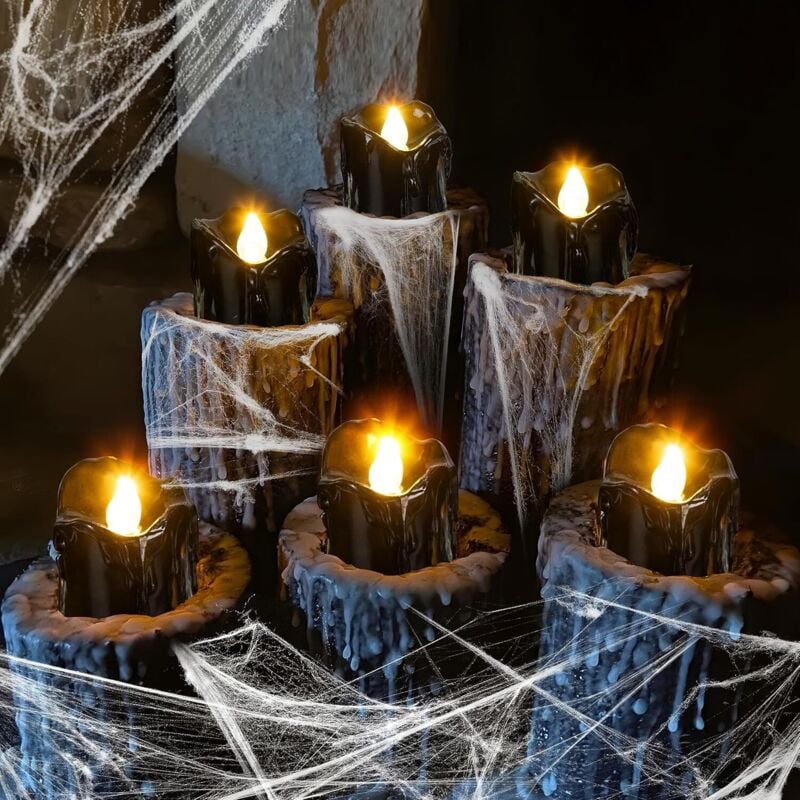 12 Stück Schwarze LED Teelichter, Teelichter LED Teelicht Halloween Deko Outdoor Indoor Garten Halloween Dekoration Halloween Candle LED