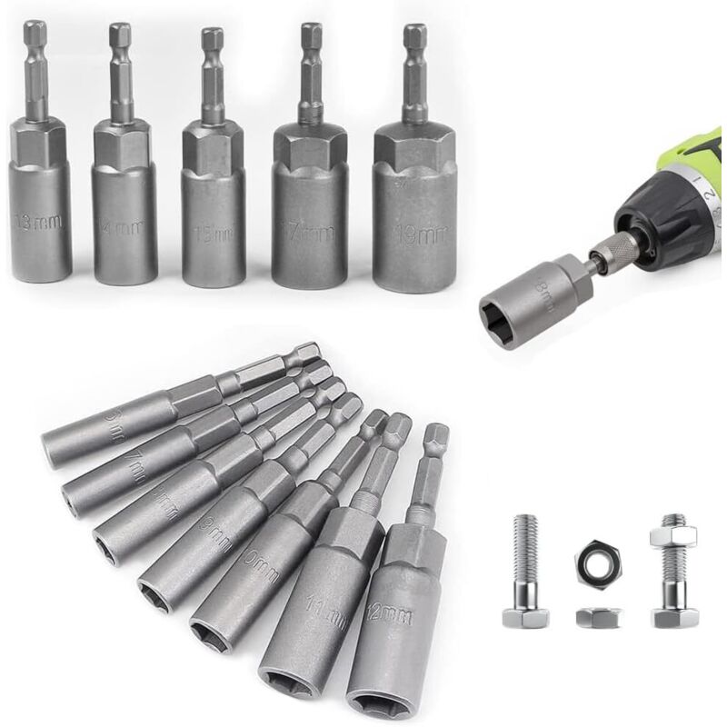12 Stück Steckschlüssel, 6-19mm Stecknuss Adpater Nuss Set, lang sechskant bit stecknüsse, 1/4' Sechskant Stecknuss Set Verarbeitungstiefe 34mm für
