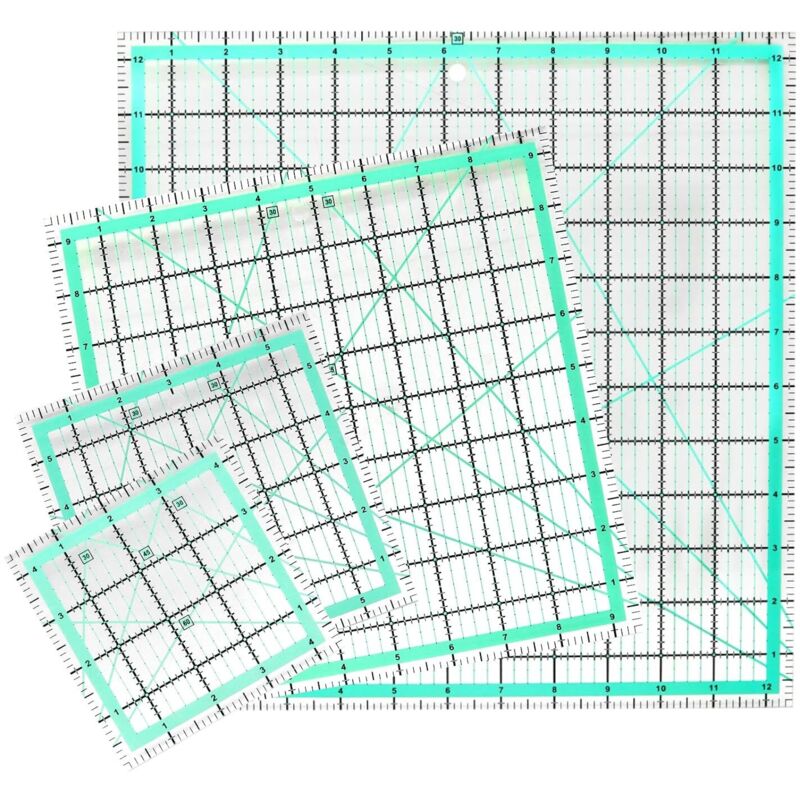 Jalleria - 12-teiliges quadratisches Patchwork-Lineal-Set (12,5 Zoll / 9,5 Zoll / 6 Zoll / 4,5 Zoll), rutschfestes Acryl-Nählineal mit klarer