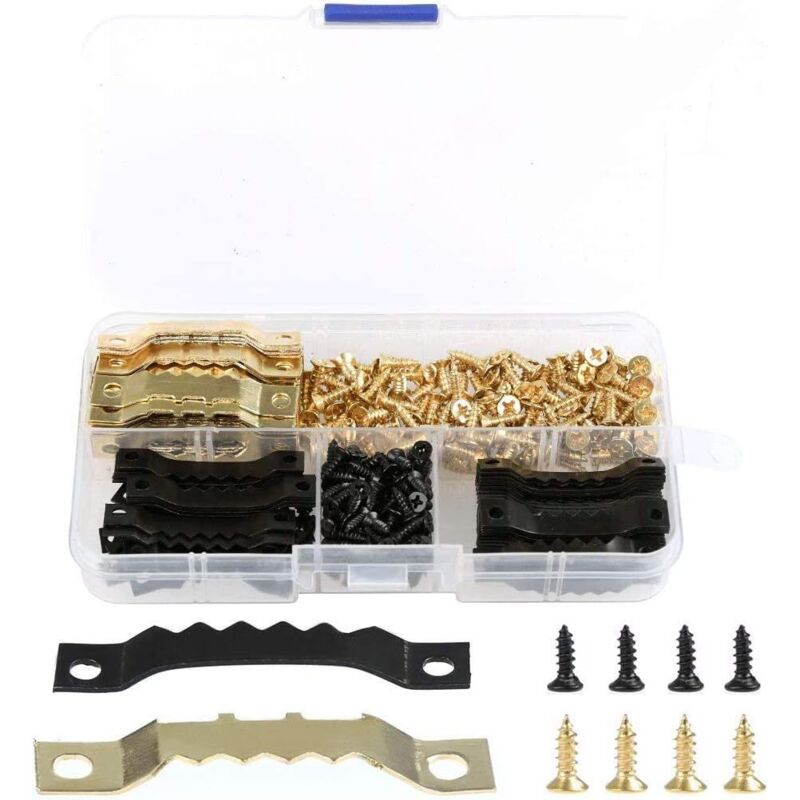 120 Stück robuste Bilderrahmen-Aufhängehaken – Doppelloch-Zackenhaken mit Schrauben, 240 Schrauben mit Aufbewahrungsbox (Gold und Schwarz)