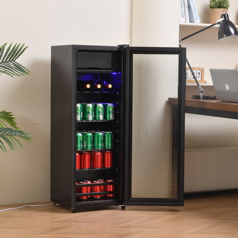 128-l-Minikühlschrank, 8-l-Gefrierschrank + 120-l-Kühlschrank, fasst 94 Dosen Limonade, Wasser, Bier oder Wein. Leiser, energieeffizienter Betrieb,