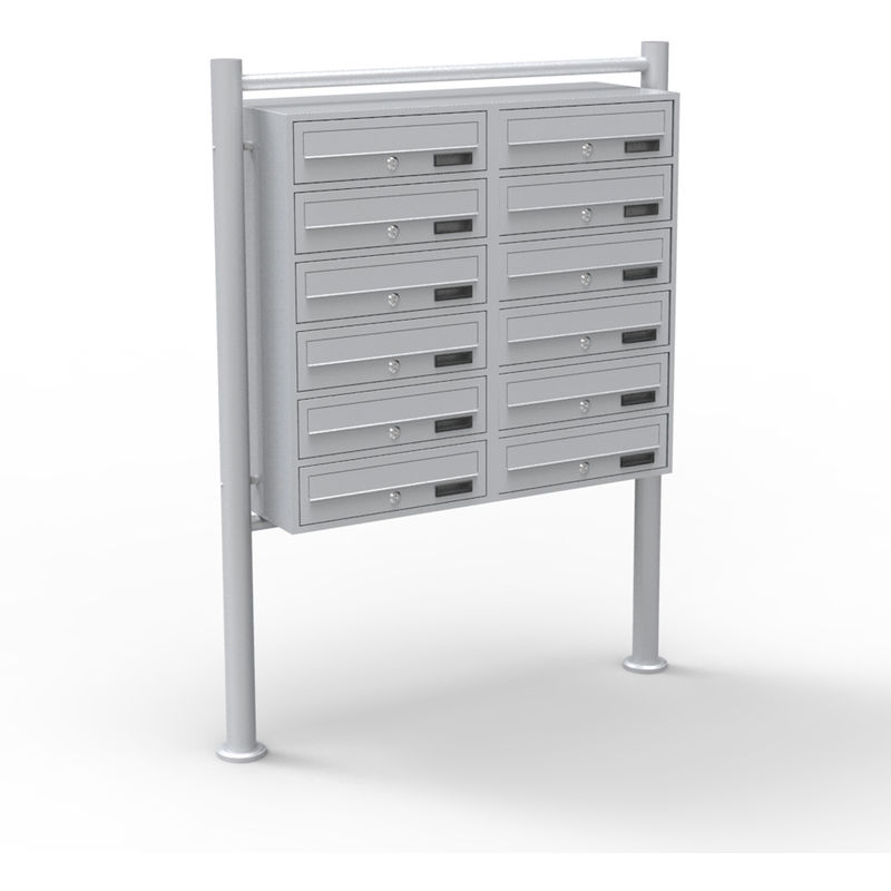 Wiltec - 12er Briefkastenanlage silberfarben 270 x 898 x 1500 mm, Standbriefkasten mit 2x6 Fächern, Schlüssel und Namensschild, Briefkasten