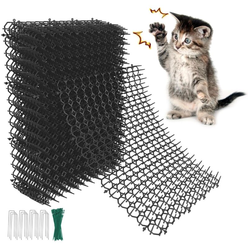 12er-Pack Anti-Katzen-Spikes, 20 x 15 cm Kunststoff-Spikes, Garten-Katzenmatte, Abschreckungsnetz mit 8 U-förmigen Pfählen + 20 Bändern für Garten,