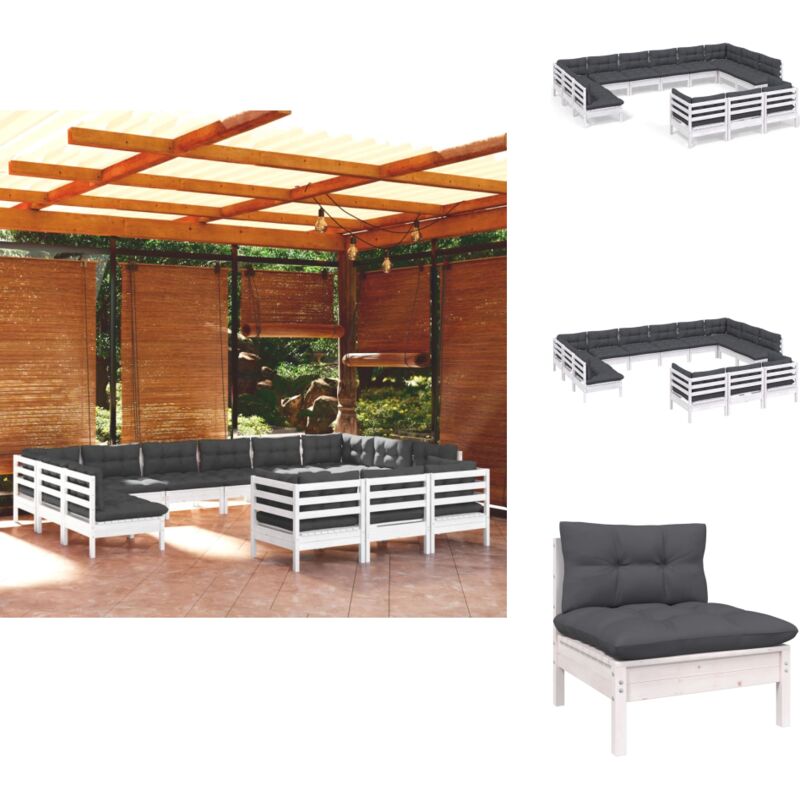 13-tlg. Garten-Lounge-Set mit Kissen Weiß Kiefernholz - Garten Lounge Set - Kiefernholz Möbel - Outdoor Möbel - Loungemöbel - Gartenmöbel