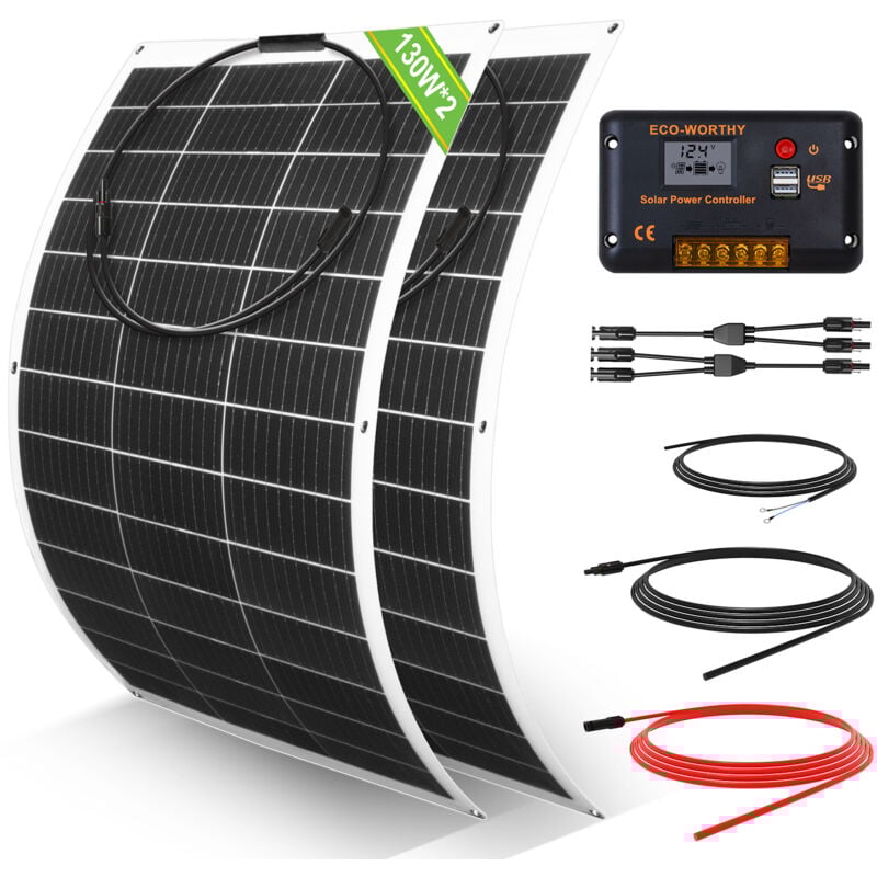Eco-worthy - 260W 12V flexibel Solarpanel Kit Solaranlagen: 2 Stücke 130W Solarmodul + 30A LCD-Display PWM-Laderegler + 5m Solarkabel für Wohnwagen,