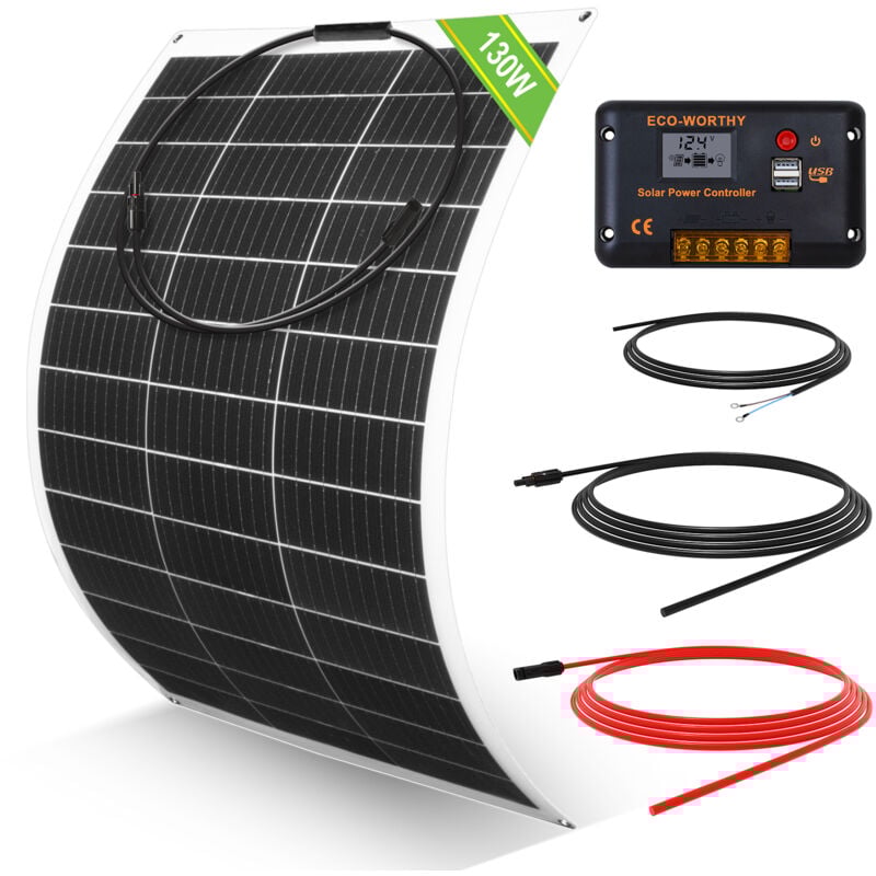 Eco-worthy - 130W 12V flexibel Solarpanel Set Solaranlagen: 130W Solarmodul + 30A LCD-Display PWM-Laderegler + 5m Solarkabel für Wohnwagen,