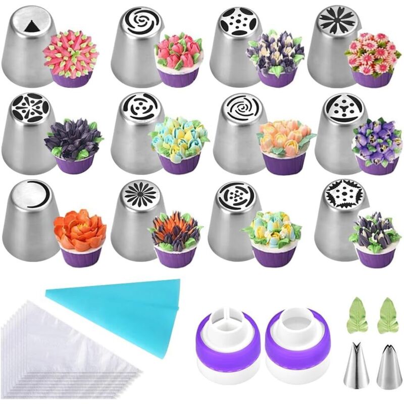 14 Stück Gebäcktülle + Gebäckspritzbeutel + Gebäcktüllenverbinder, Blumen-Rosen-Tülle, Cupcake-Gebäck-Dekorationstülle, Cupcake-Spritzbeutel für