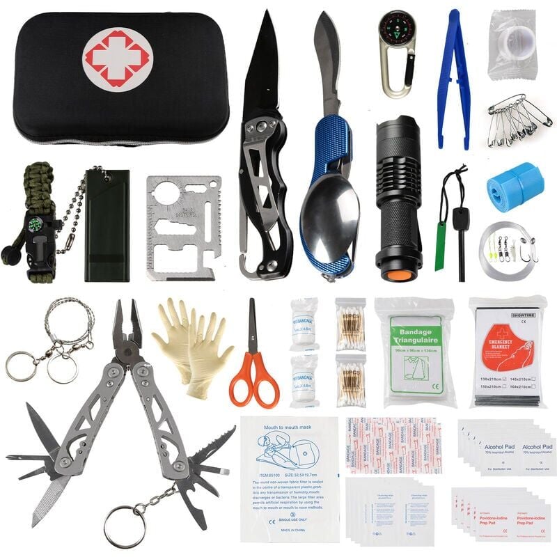 141-teiliges Survival-Kit, Notfallausrüstung, Erste-Hilfe-Set, Outdoor-Überlebensausrüstung, Notfallvorräte für Wandern, Camping, Jagd, Radfahren,