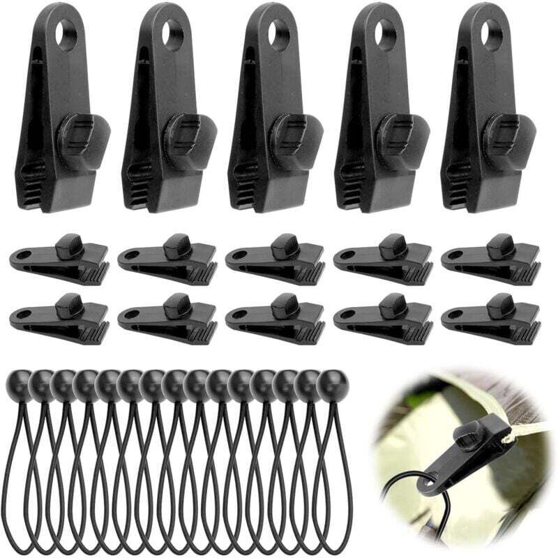15 Planenclips und 15 elastische Spanner, 15 cm Planenspanner, multifunktionale Planenbefestigung für Zelte, Abdeckungen, Markisen, Banner und