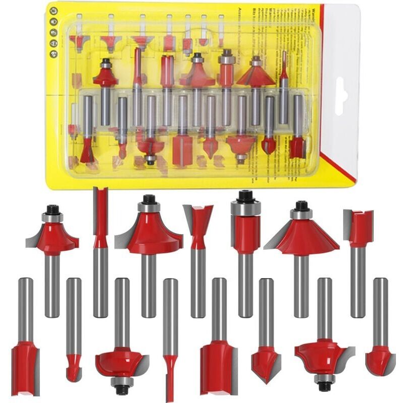15-teiliges Fräser-Bit-Set, 6,35 mm Hartmetall-Fräser-Bit-Set, 1/4-Zoll-Schaft-Fräser-Bit-Set, Holzbearbeitungs-Fräser-Bit-Set
