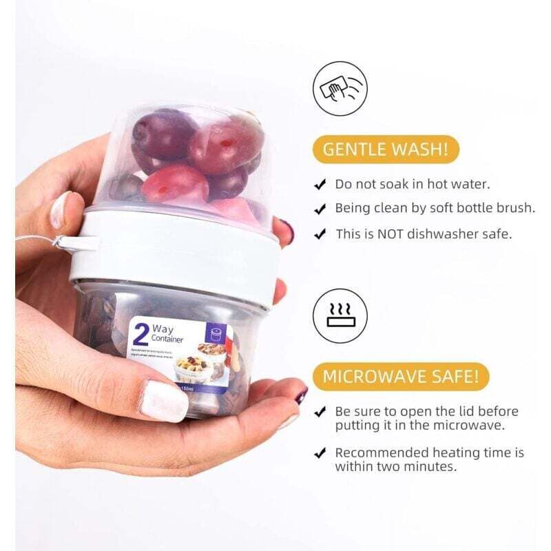 150 ml + 150 ml Reise-Joghurtbecher, Müslibecher mit Klapplöffel, Snackkapsel, Soßenbecher, Salatdressingbecher, Nüsse, Babynahrung