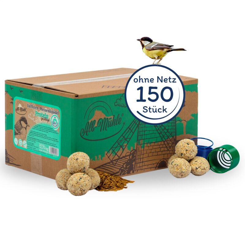 150 Stk. Lyra Pet® Meisenknödel aus der Alb-Mühle Protein mit Mehlwürmern ohne Netz à 85 g + 2 Spender