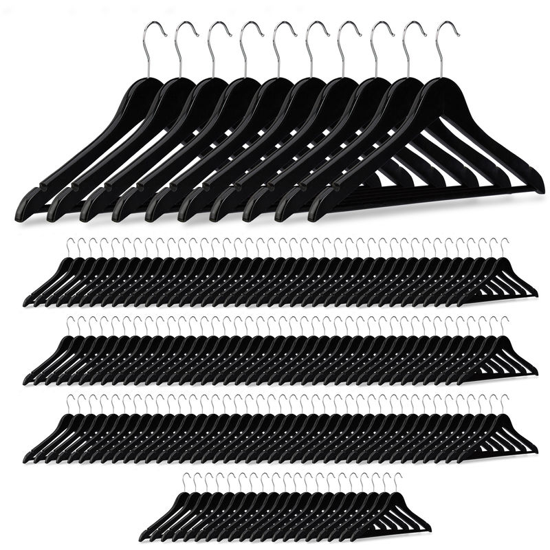 150 x Kleiderbügel Holz, mit Hosenstange, für Röcke, Hemden & Jacken, Haken 360° drehbar, stabil, Jackenbügel, schwarz