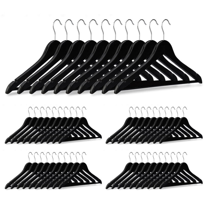 200 x Kleiderbügel Holz, mit Hosenstange, für Röcke, Hemden & Jacken, Haken 360° drehbar, stabil, Jackenbügel, schwarz