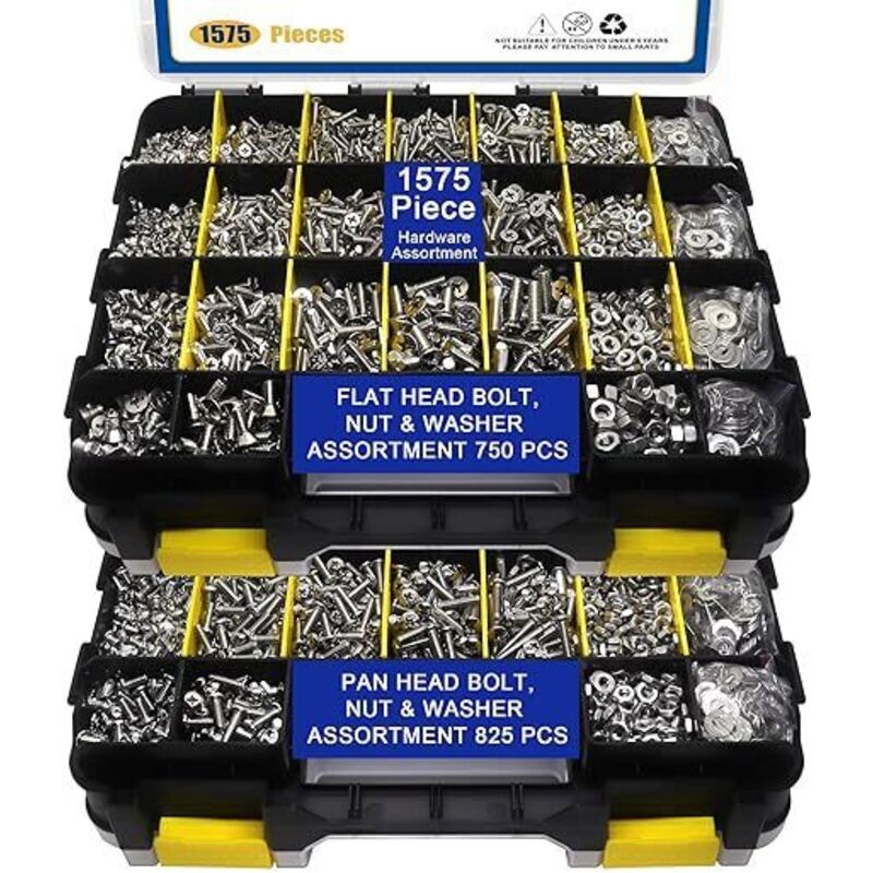 1575-teiliges Set aus Schrauben und Muttern, Flachkopf- und Kreuzschlitzschrauben aus Edelstahl, Muttern, Schrauben und Unterlegscheiben, sortiert,