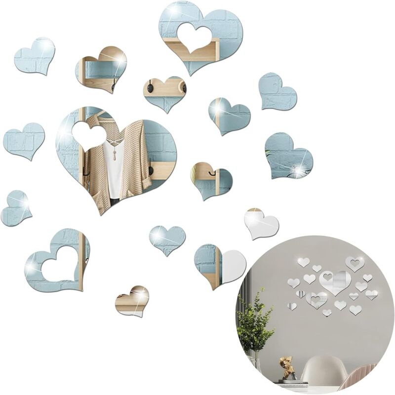16 Acryl-Spiegel-Wandaufkleber, silberne Herz-Wandtattoos zur Heimdekoration