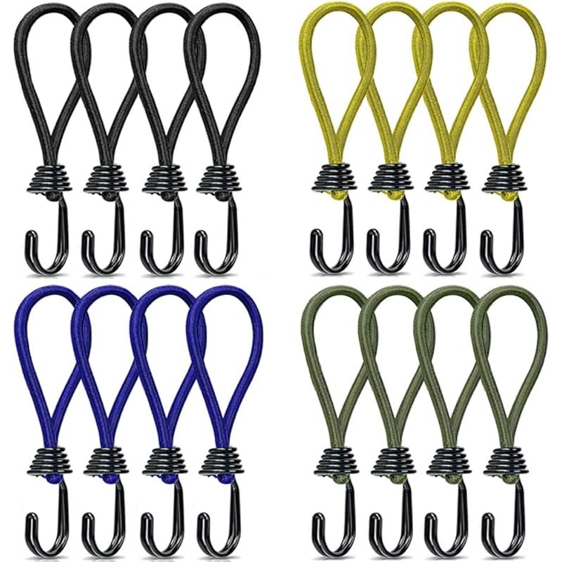Jusch - 16 Stück Spanngurte mit Haken, Zelte, Spanngurt, Campingzelthaken, Gummispanngurt für Campingplanen, Markisen, Zelte, 15 cm