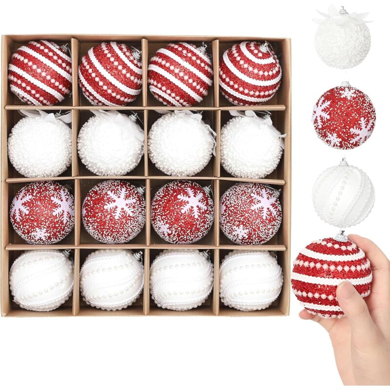 16 Weihnachtskugeln zum Aufhängen, 80 mm, glitzernd, rot-weiß, für Weihnachten, Silvester, Geburtstag, Hauspartys, rot-weiß