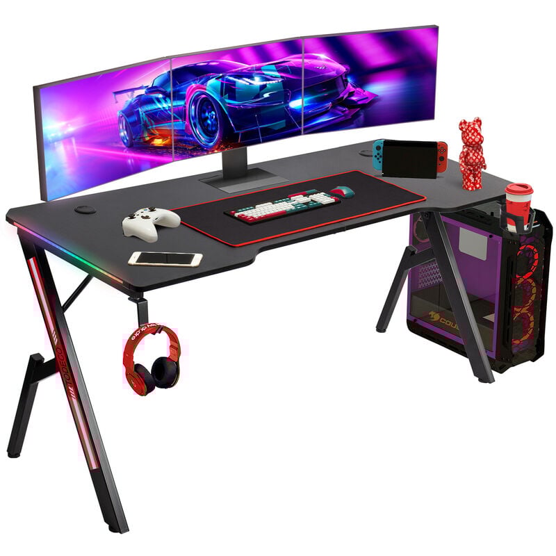160 x 60cm Gaming Tisch mit led, Gaming Schreibtisch, pc Tisch Gaming mit Kohlefaseroberfläche, mit Kopfhörerhaken Getränkehalter Mauspad,