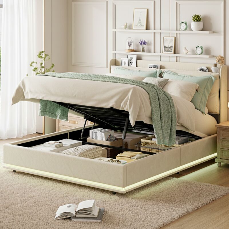 140x190 cm Bett mit Stauraum und LED-Beleuchtung Beleuchtung – kabelloses Laden – USB und Typ-C – Rückenlehne mit Reißverschluss – Samt –