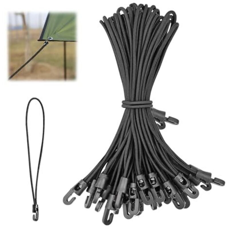 16er-Pack Bungee-Seile, schwarze elastische Bungee-Seile mit Haken, elastische Gummi-Bungee-Seile für Camping-Planen, Zelte, Anhänger