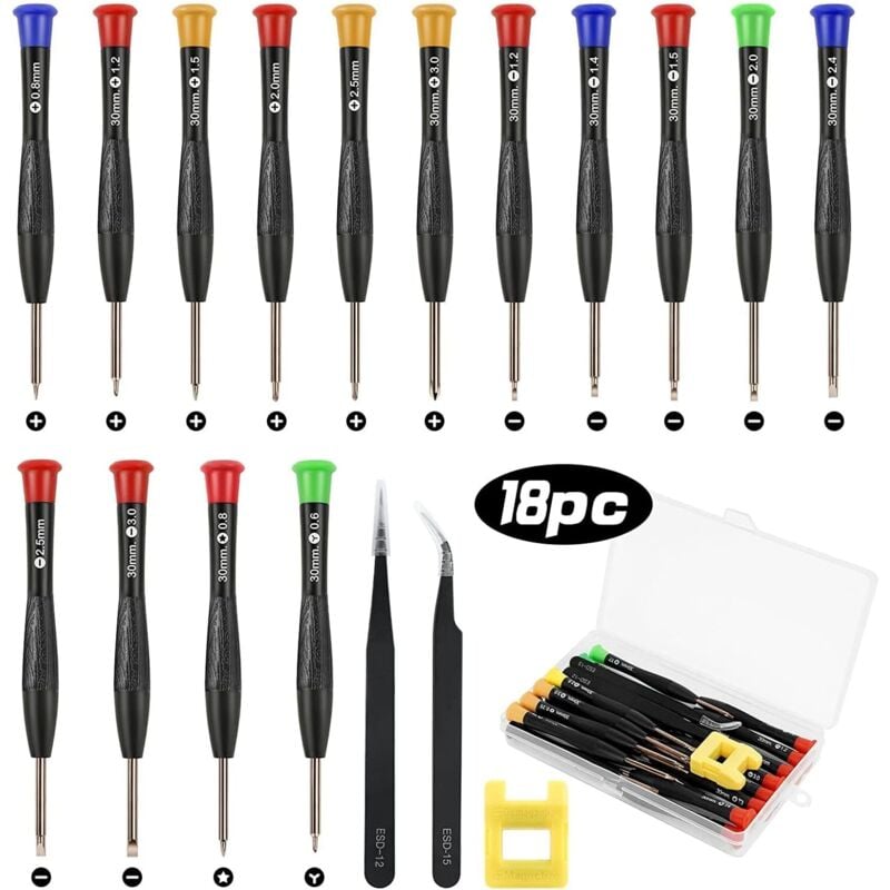18-teiliger Mini-Schraubendreher, Präzisions-Reparaturschraubendreher für Brillen, PC, PS4, Uhren, Schmuck, Brillen, Telefon, 2 Pinzetten,