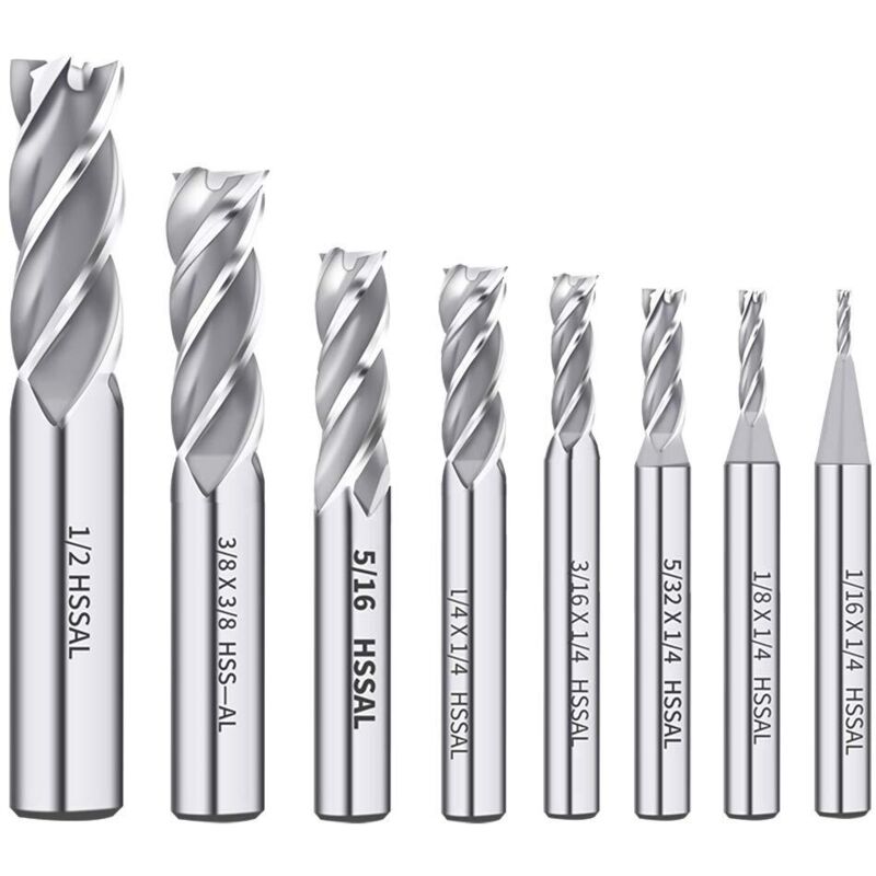 1/8 Zoll, 3/16 Zoll, 1/4 Zoll, 5/16 Zoll, 3/8 Zoll, 1/2 Zoll, HSS-Schnellarbeitsstahl, 4-schneidiger gerader Schaftfräser, 5/32 Zoll, 1/16 Zoll, 8