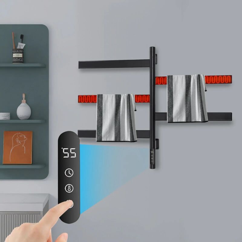 180° Drehung Bad handtuchtrockner Elektrisch, Elektrischer Handtuchwärmer mit 5 Armig Schwenkarm für Bad, Küche und Garderobe (Schwarz)