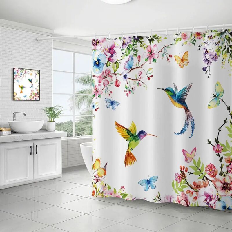 Linghhang - 180 x 180 cm Duschvorhang mit Aquarell-Blumen- und Kolibri-Muster für Badezimmer – Polyester-Duschvorhang mit Haken – Rosa
