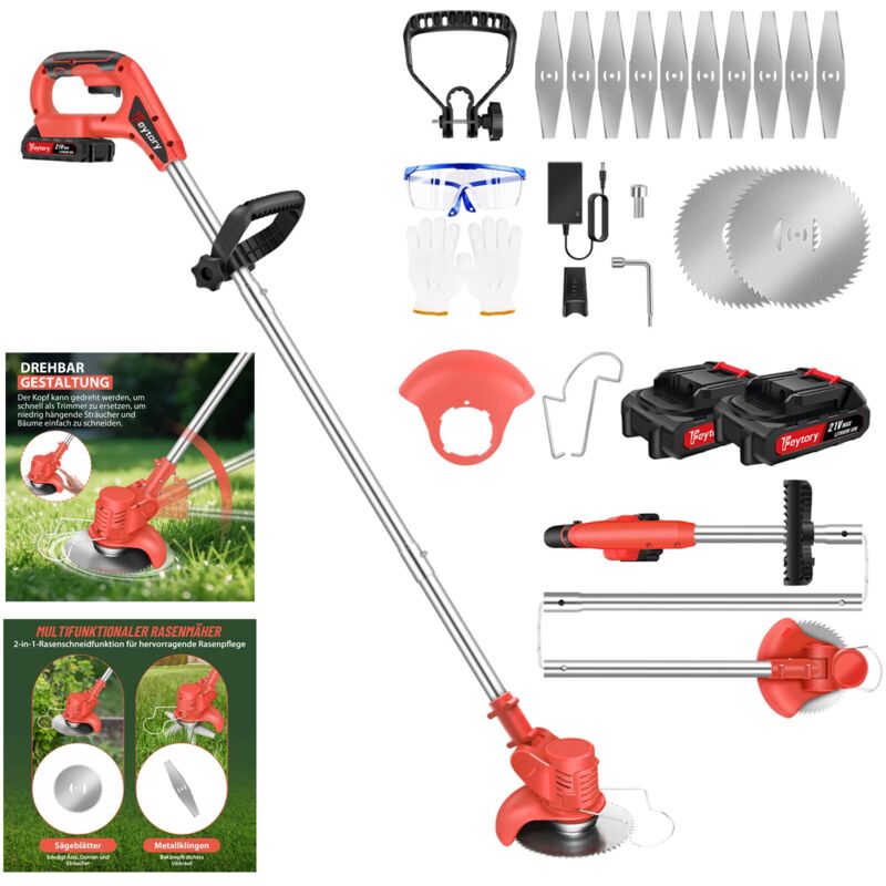 1800W Rasentrimmer Trimmer Motorsense Akku Grasschneider Freischneider mit 2 Akuu