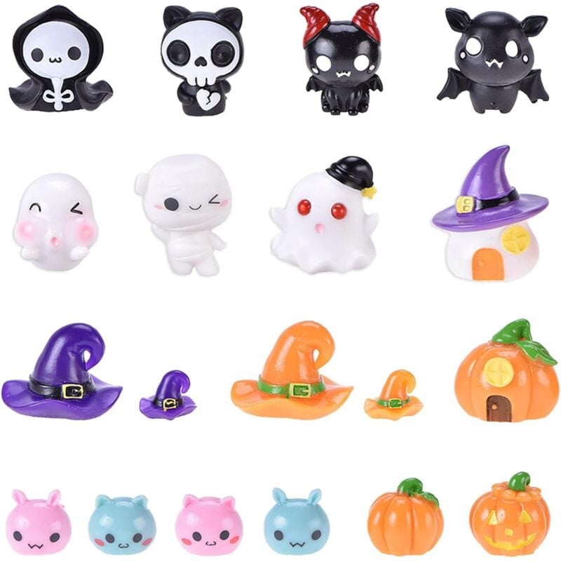 Bluedeer - 19 Stück Halloween Miniatur Ornamente Halloween Kürbis Deko Mini Halloween Figuren Schädel Vampir Geist Fledermäuse Hexenhut Figuren
