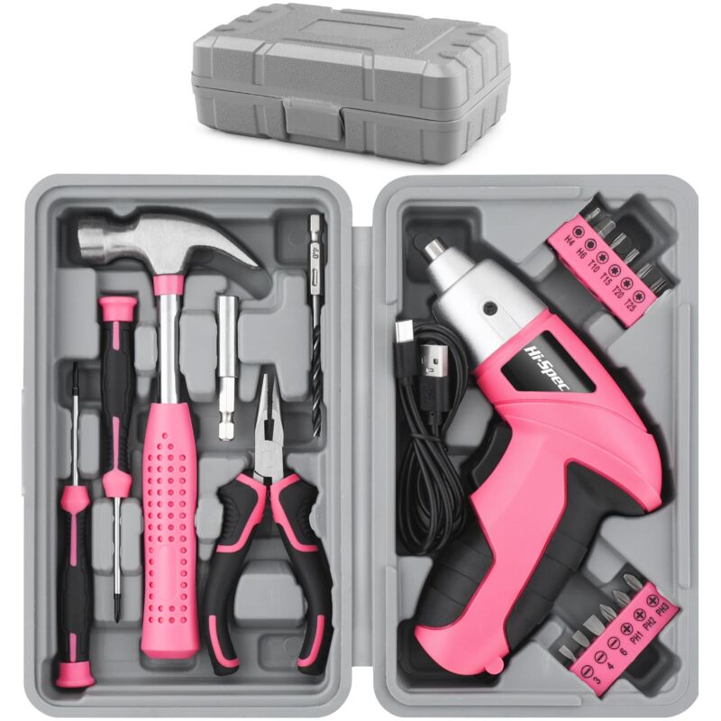 19-teiliges Werkzeugset, 3,6-V-USB-Akkuschrauber (pink), Heimwerker-Set. Kabelloser und wiederaufladbarer Schraubendreher mit kompaktem