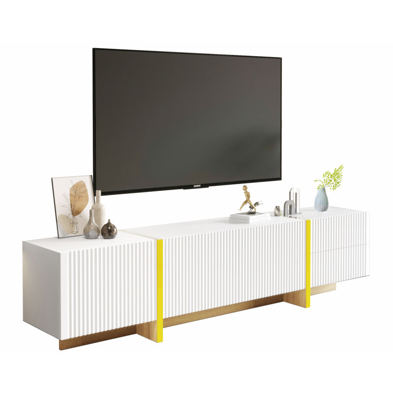 Okwish - TV-Schrank 190 cm 3 Türen 2 Schubladen weiß mit Goldmaserung und Holz