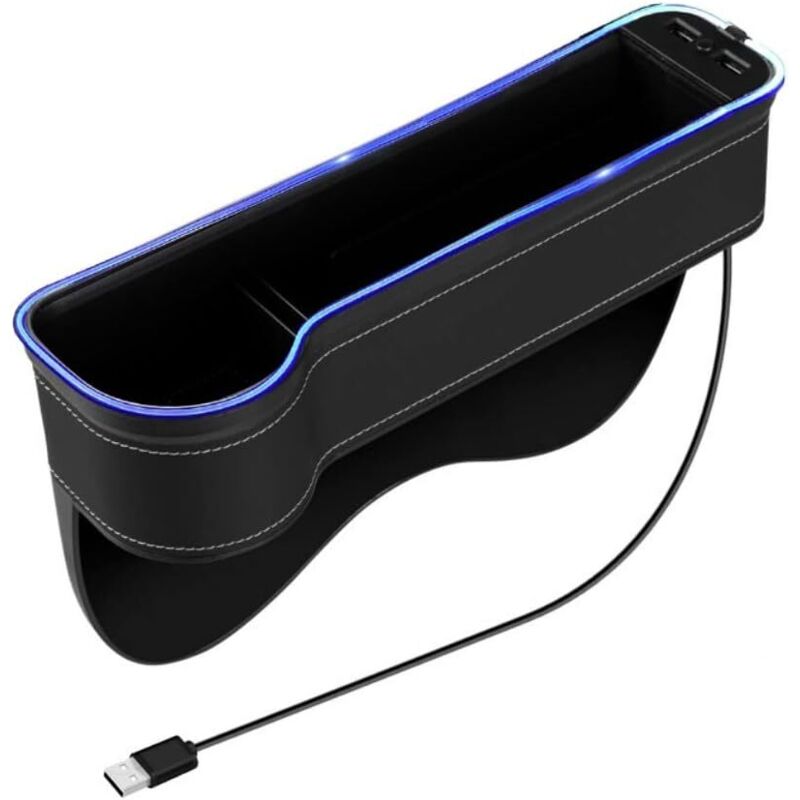 1er-Pack Sitzlücken-Aufbewahrungsbox mit Getränkehalter, LED-Licht, Autoaufbewahrung aus Leder für Handys, Becher (Schwarz)