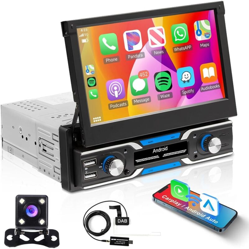 1G+32G Android Autoradio 1 Din mit GPS Navi WiFi DAB Adapter 7 Zoll Auto Einziehbares Touch-Autoradio mit Mirror Link Bluetooth FM/RDS/DVR/DAB+/OBD2