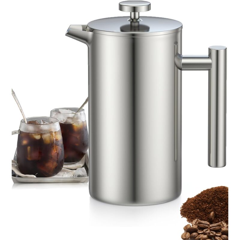 1L Edelstahl-Kaffeemaschine French Press, French Press mit Dreifachfilter, French Press mit Warmhaltefunktion und Stahlkolben, doppelwandige